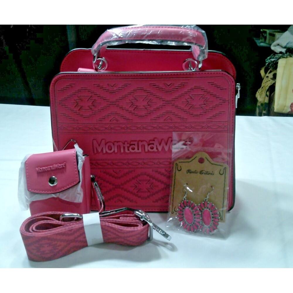 Pink Montana West Embroidered Aztec Tote Bag w/ Coin bag, Earings, Shoulder Strp - Picture 11 of 14